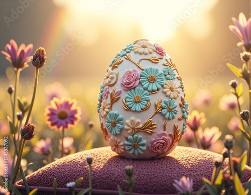 Delicate floral egg adorned with colorful flowers at sunrise