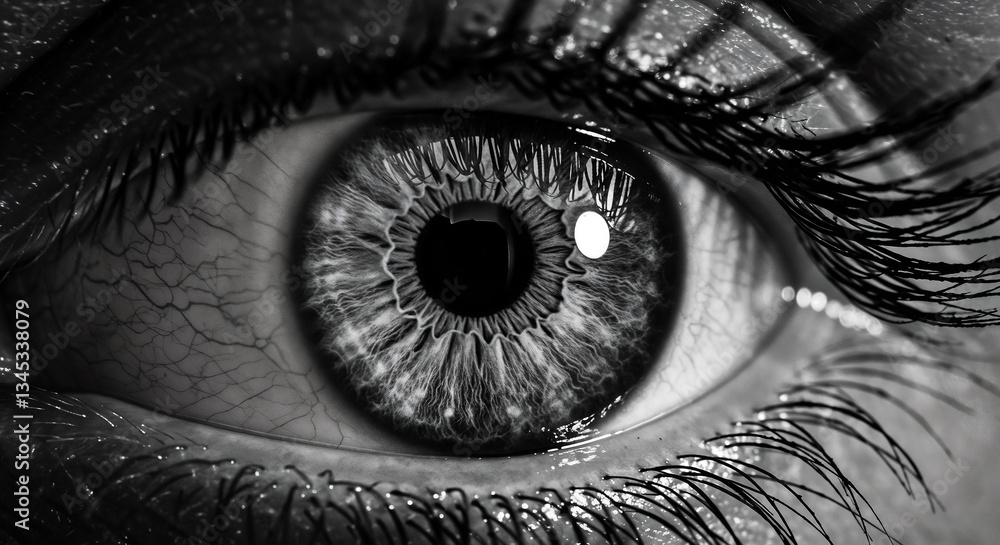 Fototapeta premium Black White Eye Closeup Iris Pupil Detail Reflection Macro Photography