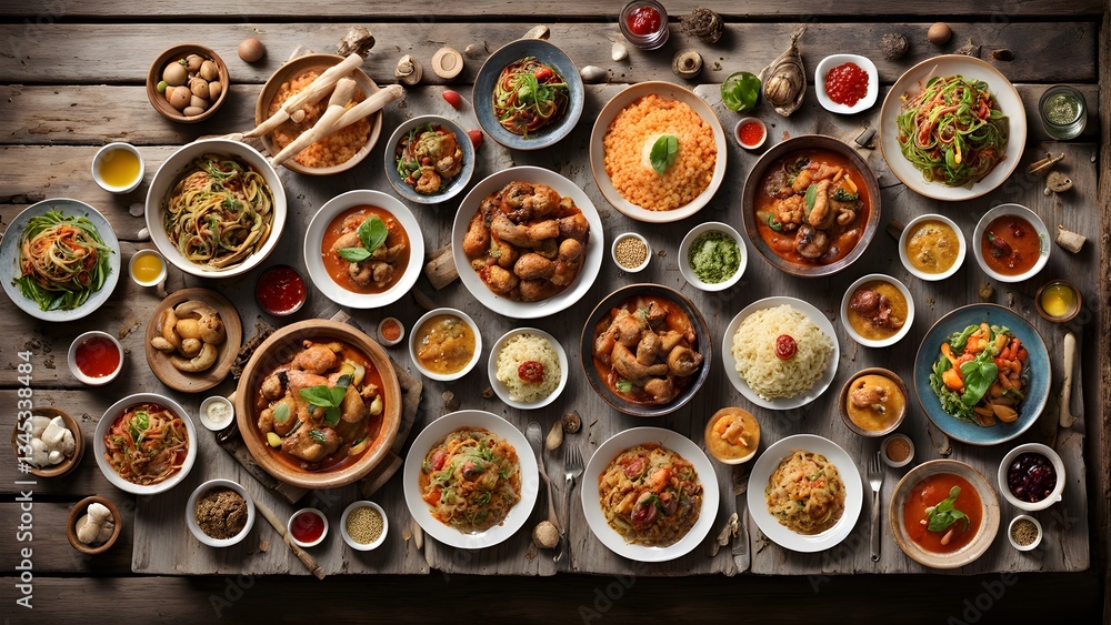 A stunning overhead shot showcases a variety Asian-inspired dishes artfully arranged a rustic wooden table. A stunning overhead shot showcases a variety Asian-inspired dishes artfully arranged a rustic wooden table.