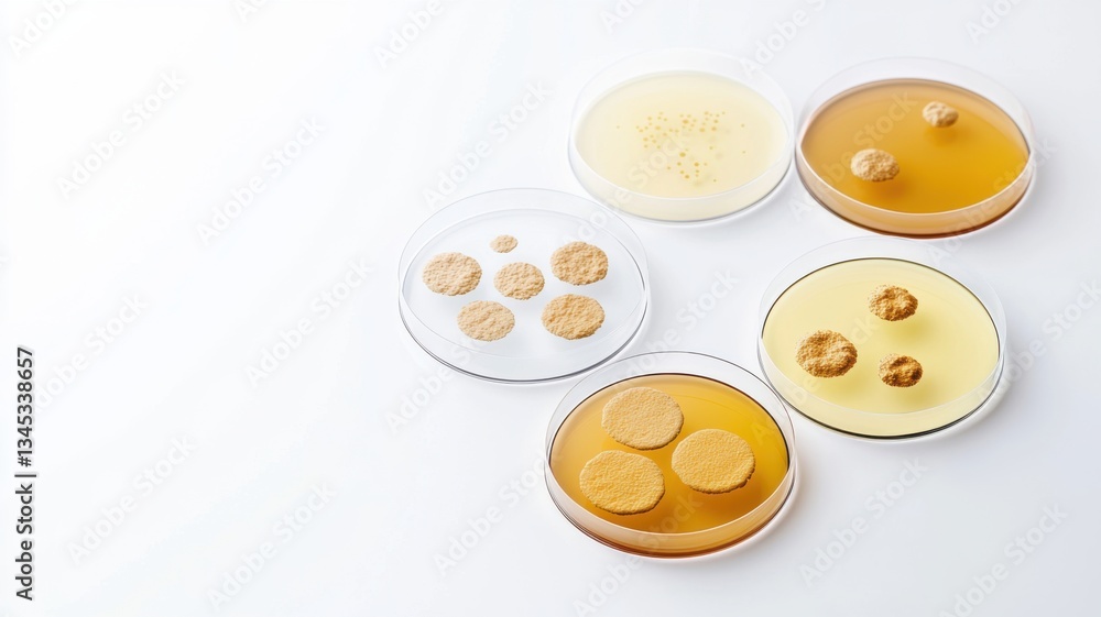 Obraz premium Petri dishes containing different cultures of bacteria, showcasing various growth patterns and colors on a clean surface.