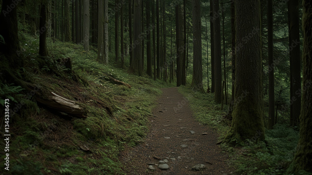 Fototapeta premium Dark Forest Path: Lush Green Undergrowth and Sunlight Dappled Canopy