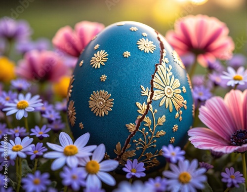 Decorative blue egg surrounded by colorful flowers