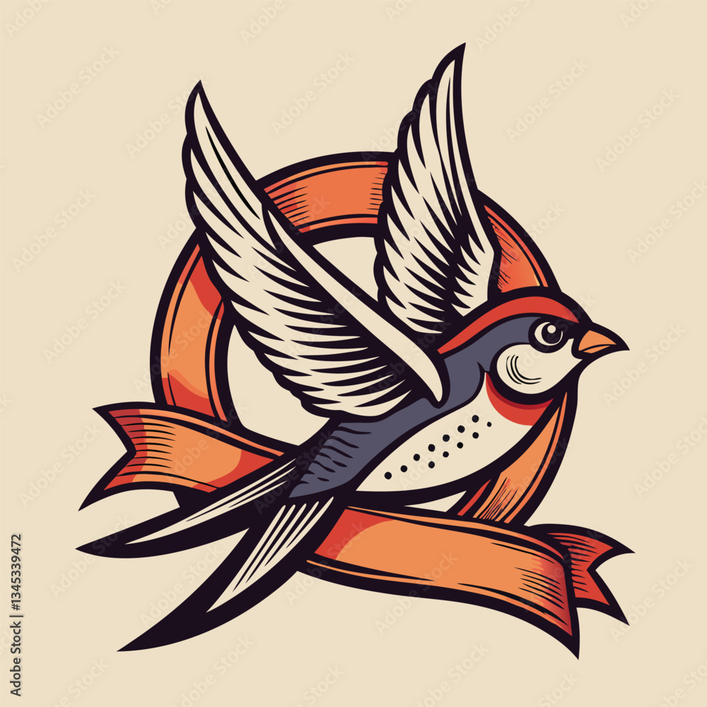 Obraz premium Vintage Hand-Drawn Swallow Bird with Ribbon Logo Design