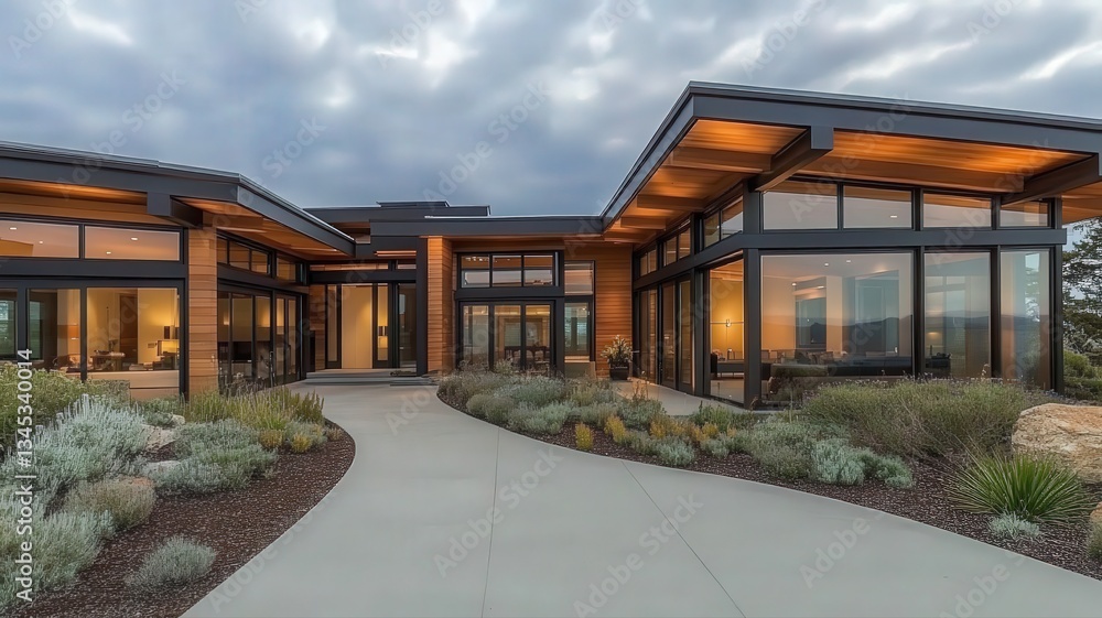Obraz premium Modern House Exterior with Large Windows and Wood Accents at Dusk