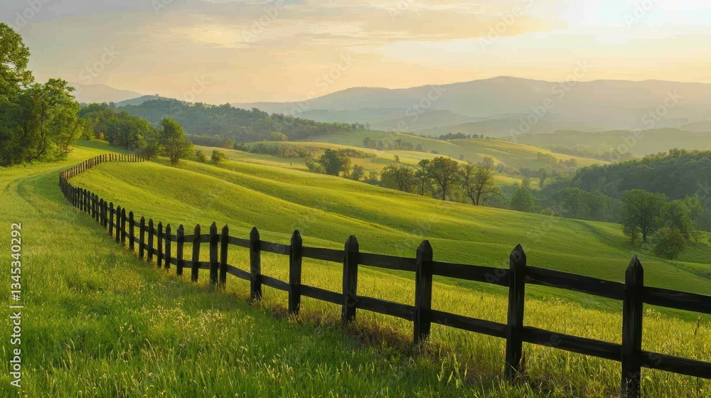 Obraz premium Serene Countryside Landscape with Rolling Green Hills at Sunset