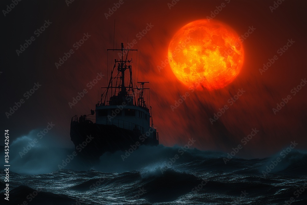Fototapeta premium Ship Sailing Under a Red Moon