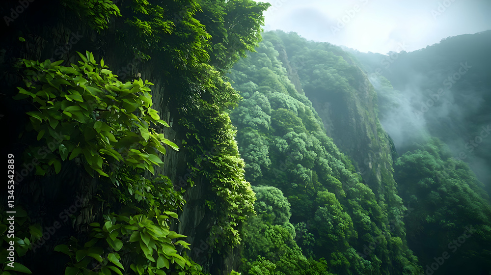 Lush Green Mountain Slope with Textured Foliage and Atmospheric Sunlight Lush Green Mountain Slope with Textured Foliage and Atmospheric Sunlight