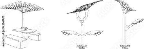 Vector sketch illustration of Solar lamps design using sunlight technology for street, field and park lighting