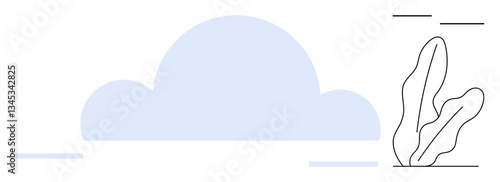 Light blue cloud amidst simplistic lines and abstract plant. Ideal for weather, environment, simplicity, calm, nature, minimalism, and abstract concepts. Flat simple metaphor