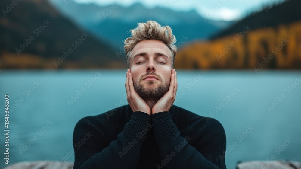 Fototapeta premium Young man in black sweater contemplating by a lake in autumn