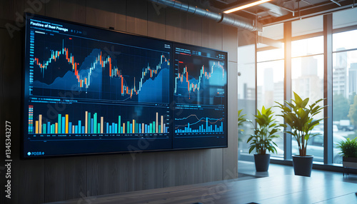 financial graph with ascending bars and fluctuating lines,Realistic financial charts on a large screen in a modern office