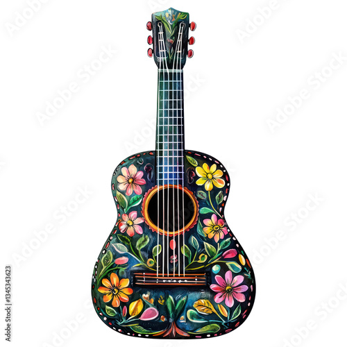 Hand-painted decorative Mexican guitar with floral design isolated on transparent background