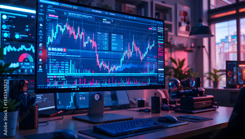 Digital workspace with financial grephs on a monitor, realistle and vibrant tones,The image evokes a sense of upward momentum and success in the financial Digital workspace with financial grephs on a monitor, realistle and vibrant tones,The image evokes a sense of upward momentum and success in the financial