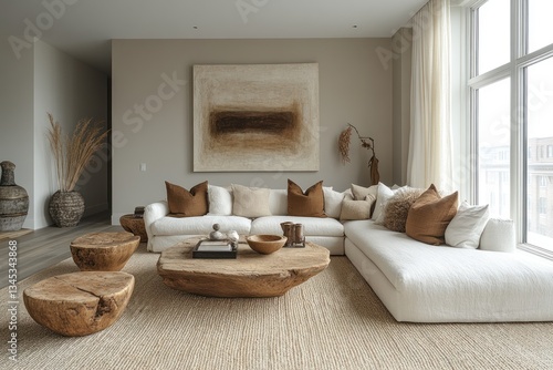 Modern Beige Living Room with Large Window and Rustic Coffee Table