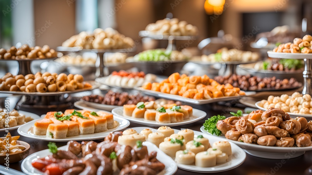 A lavish buffet table displays a delightful variety pastries sweets, perfect a special event. A lavish buffet table displays a delightful variety pastries sweets, perfect a special event.