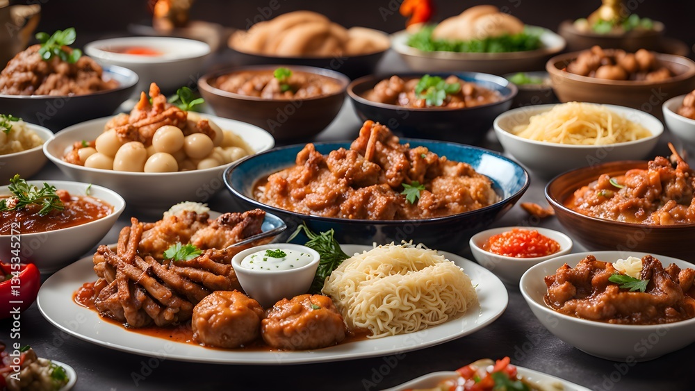 A table laden various delicious Asian dishes, ready be enjoyed. A table laden various delicious Asian dishes, ready be enjoyed.