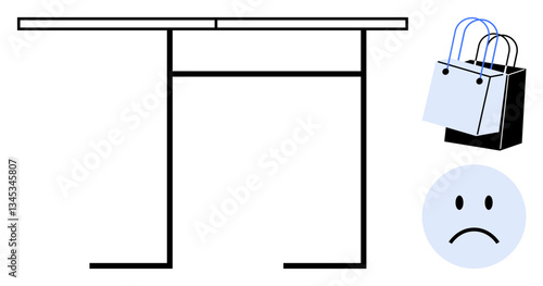 Table with black lines, shopping bags with handles, and a sad face. Ideal for retail analysis, consumer behavior, e-commerce, dissatisfaction, market trends, minimalism abstract line flat metaphor