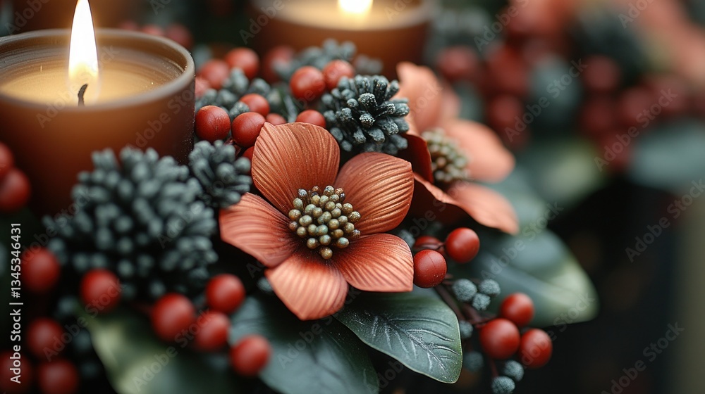 Fototapeta premium Decorative candle ring with autumnal flowers and berries