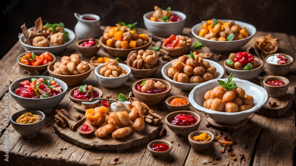 A rustic wooden table laden various small bowls sweet treats dips, creating a visually appealing appetizing spread. A rustic wooden table laden various small bowls sweet treats dips, creating a visually appealing appetizing spread.