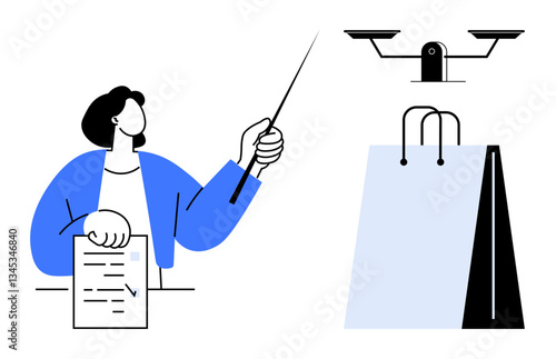 Person holds legal document and points at scales over shopping bag, symbolizing balance between law and retail. Ideal for law, e-commerce, ethics, justice, trade, contracts balance themes. Flat