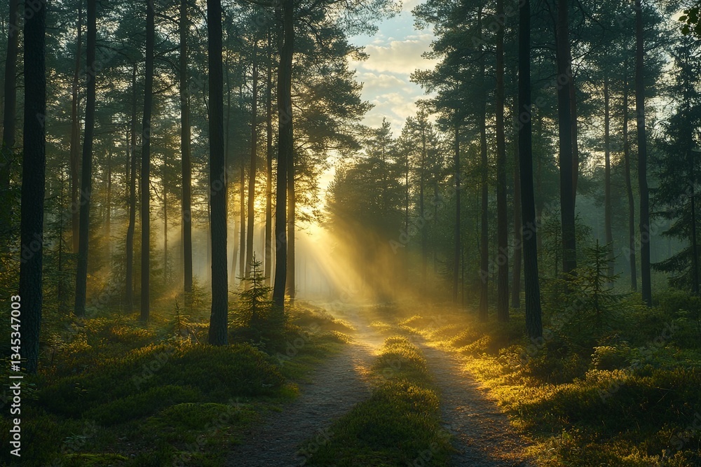 Obraz premium Sunlight breaking through trees onto a forest pathway
