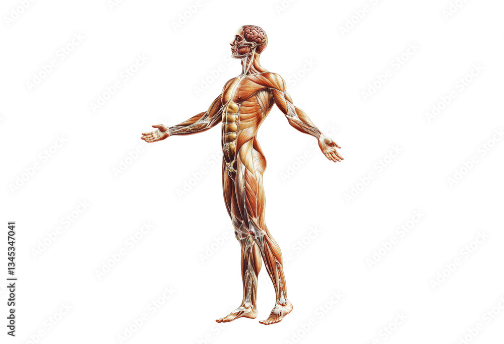 Model of the human anatomy showcases detailed muscle structures isolated on transparent background Model of the human anatomy showcases detailed muscle structures isolated on transparent background