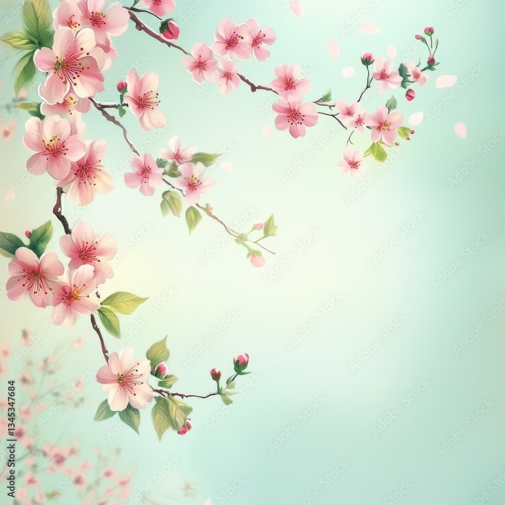 Fototapeta premium Blooming cherry blossom branches cascade down on a light backdrop