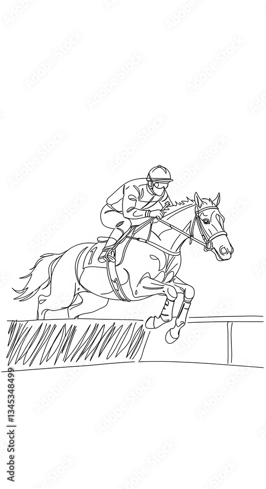 Fototapeta premium Equestrian sport show competition concept. Minimalist continuous one line drawing of horse and jockey during horse racing illustration. Modern continuous line draw design, 