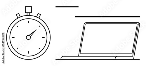 Stopwatch and laptop side by side indicating time management, efficiency, and work productivity. Ideal for time tracking, deadlines, online learning, remote work, business solutions, goal setting