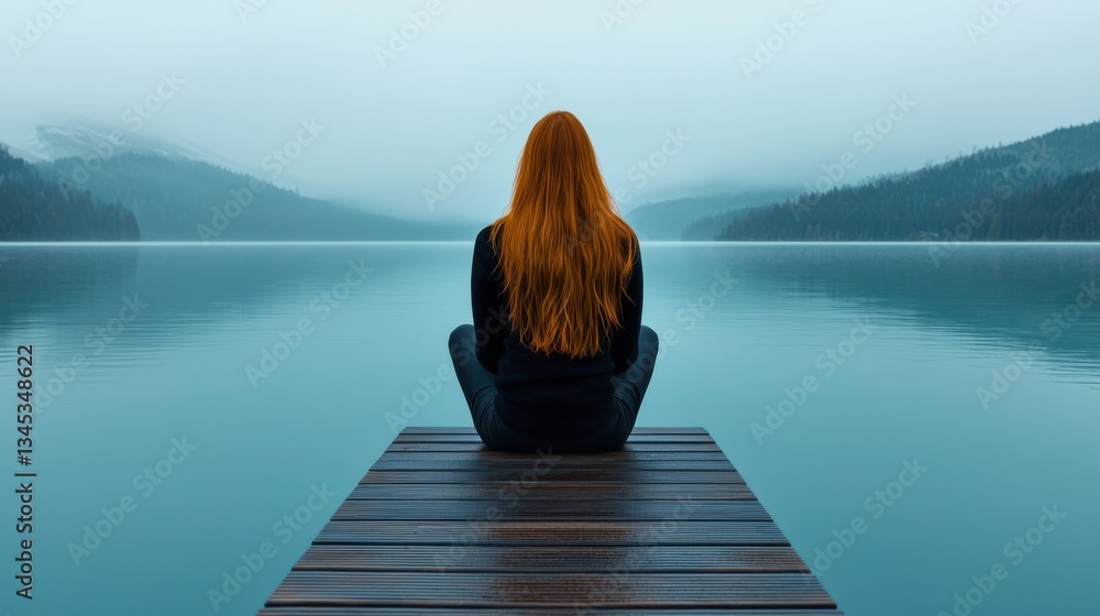 Fototapeta premium Person sitting on wooden dock overlooking calm blue water with misty forested mountains in the background