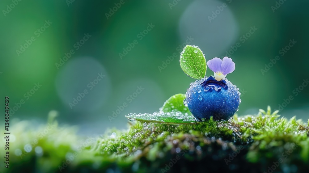 Tiny, vibrant blue flower rests on mossy surface, dew drops cling to leaves and petals Tiny, vibrant blue flower rests on mossy surface, dew drops cling to leaves and petals
