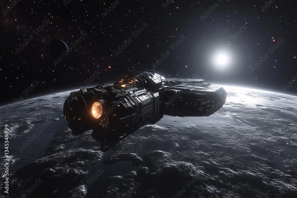Futuristic Spaceship Orbiting a Planet