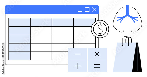 Spreadsheet window, calculator, lungs diagram, and shopping bags. Ideal for finance, health, budgeting, commerce analysis decision-making education. Minimal flat simple metaphor