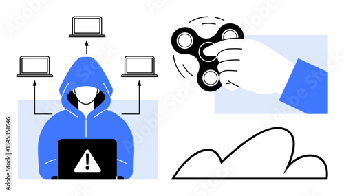 Hacker in hoodie with alert laptop, fidget spinner in hand symbolizing distraction, multiple connected laptops, and a cloud element. Ideal for cybersecurity, hacking, networking, online privacy