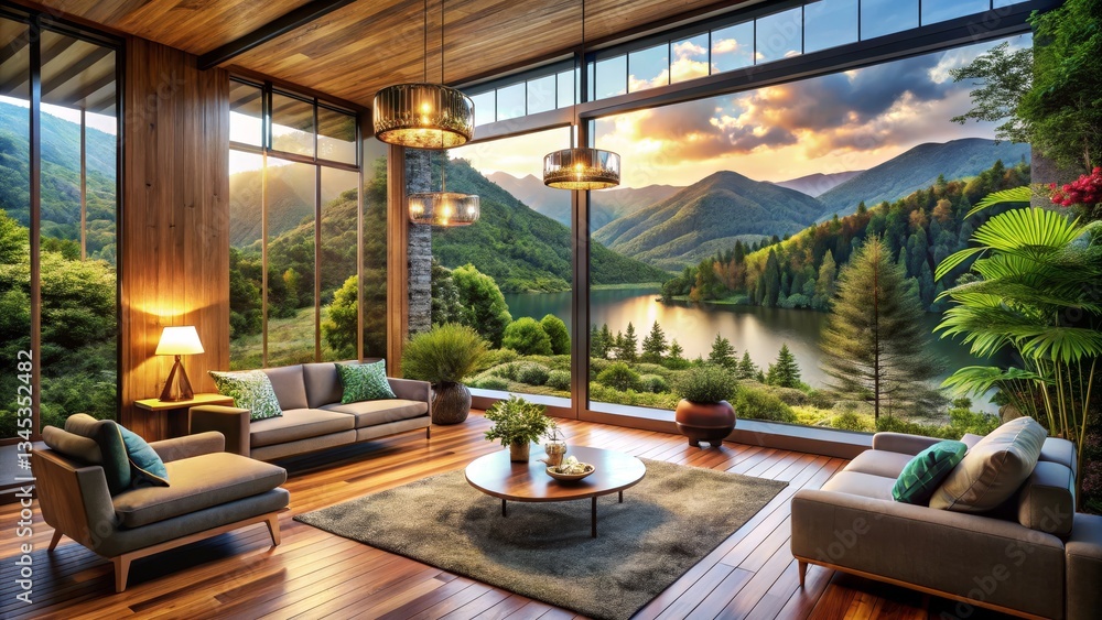 Fototapeta premium Luxurious Living Room with Mountain View