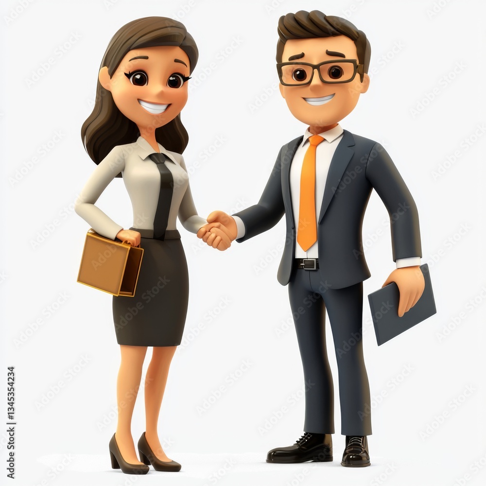 Professional Business Characters Engaging in Friendly Handshake in Modern Workplace Setting with Briefcase and Documents Professional Business Characters Engaging in Friendly Handshake in Modern Workplace Setting with Briefcase and Documents