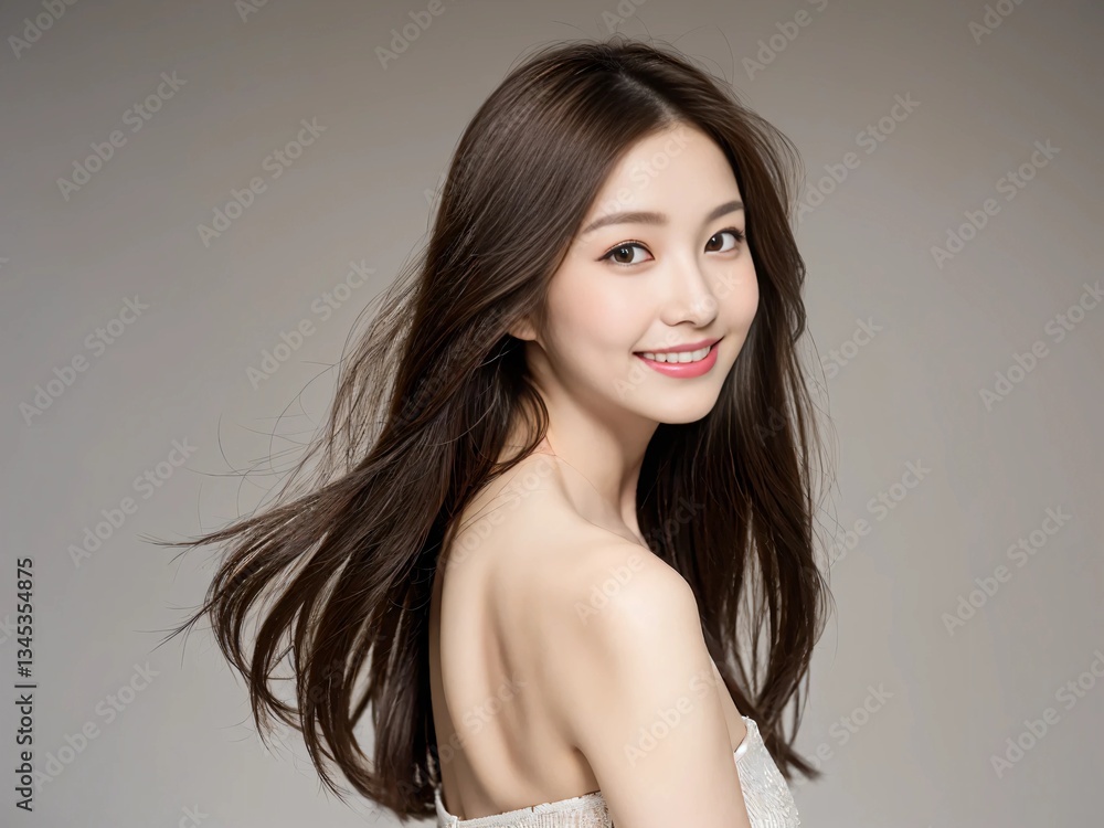 Naklejka premium ロングストレートの髪をした女性が振り返る