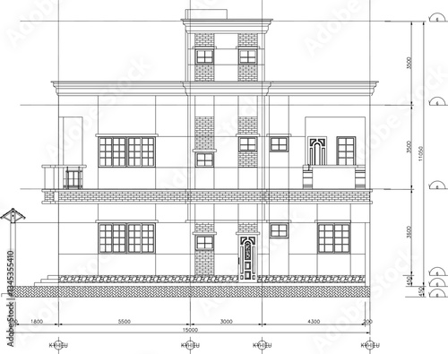 vector sketch illustration of architectural design of modern multi-storey house building with scale size