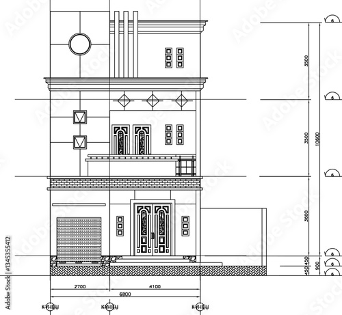 vector sketch illustration of architectural design of modern multi-storey house building with scale size