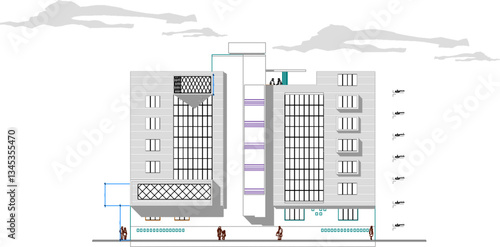 vector sketch illustration of architectural design of modern multi-storey mall plaza building with scale size 