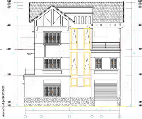 vector sketch illustration of architectural design of view and section of modern vintage multi-storey house building with scale