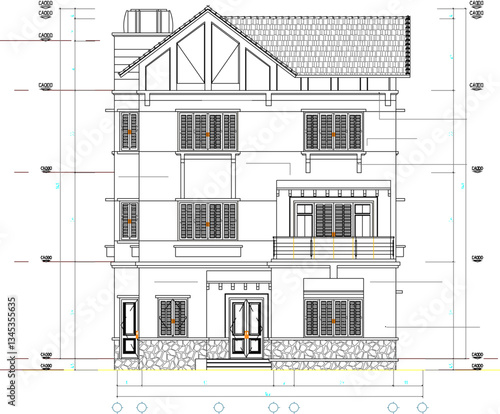 vector sketch illustration of architectural design of view and section of modern vintage multi-storey house building with scale size