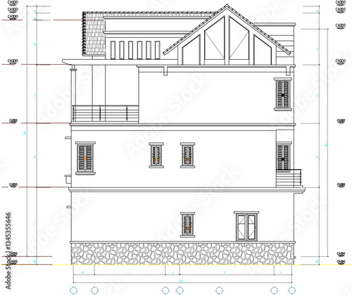 vector sketch illustration of architectural design of view and section of modern vintage multi-storey house building with scale size