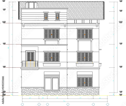 vector sketch illustration of architectural design of view and section of modern vintage multi-storey house building with scale size