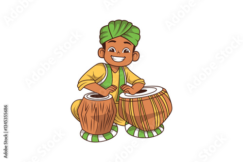 Indian Kids Characters Playing Drum