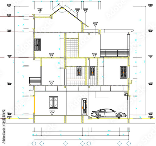 vector sketch illustration of architectural design of view and section of modern vintage multi-storey house building with scale size
