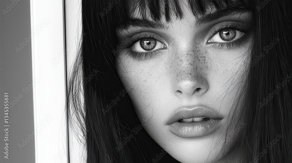 Fototapeta premium Black and white portrait of a person with long dark hair and freckles