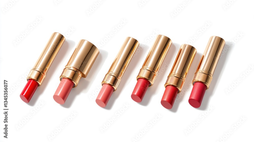 Several lipsticks are arranged neatly on a white background with shadows Several lipsticks are arranged neatly on a white background with shadows