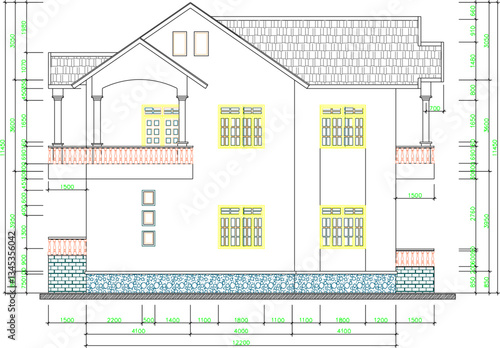 vector sketch illustration of architectural design view and section of classic vintage mediterranean old house building