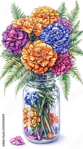 Colorful Carnations in a Mason Jar Still Life Artistic Floral Arrangement with Fern Leaves